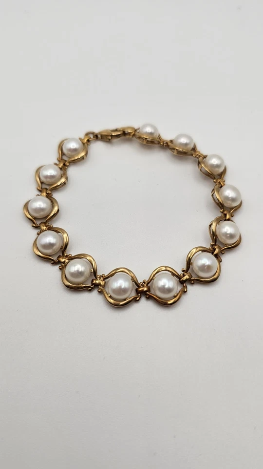 Brazalete Estate Vintage Oro Amarillo 14k Perla Cultivada 13 Gramos Eslabones Ornamentados Foto 2 de 4