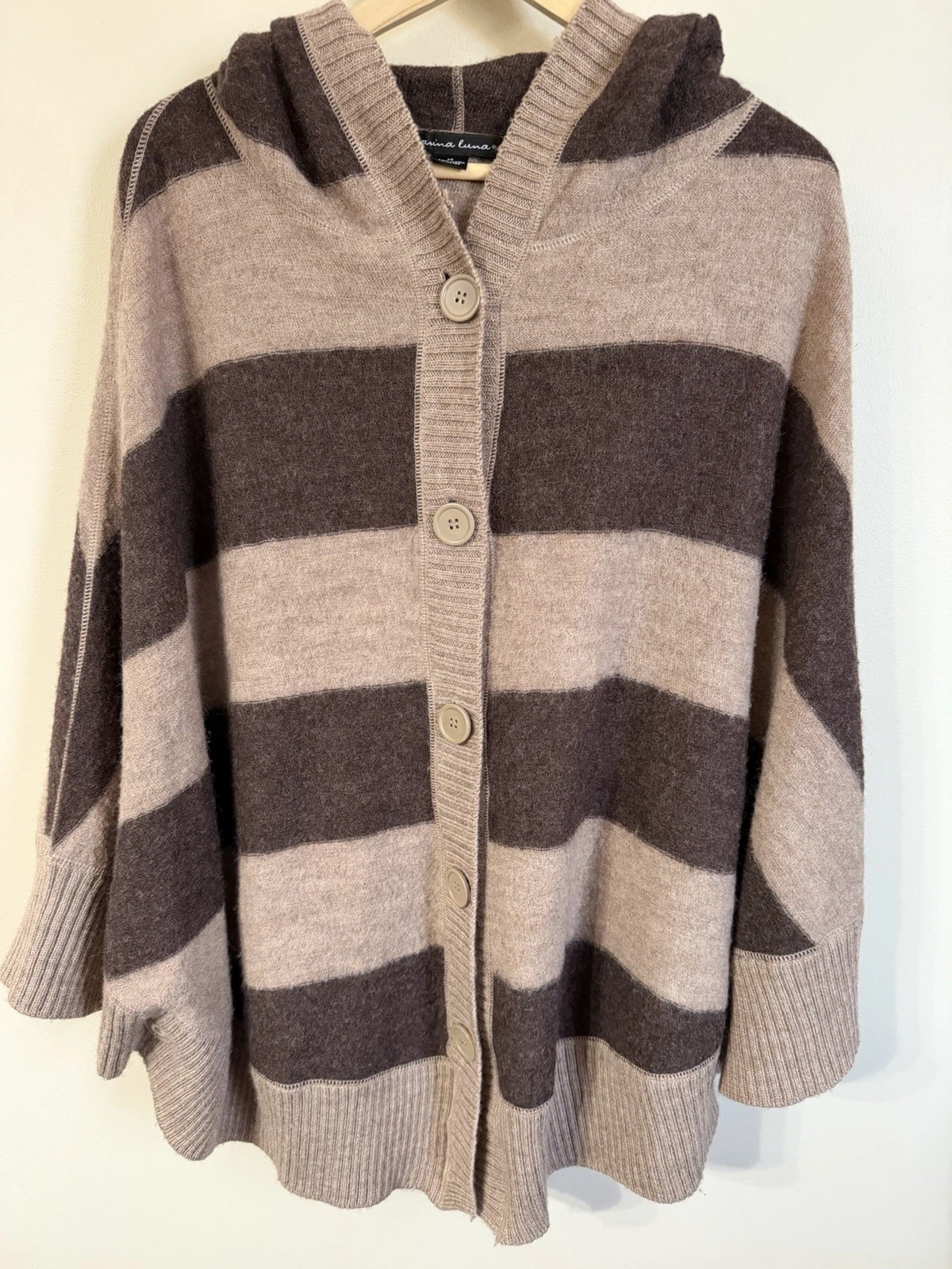 Elena Solano Brown Striped Hooded 100% Wool Poncho Cape Sweater M
