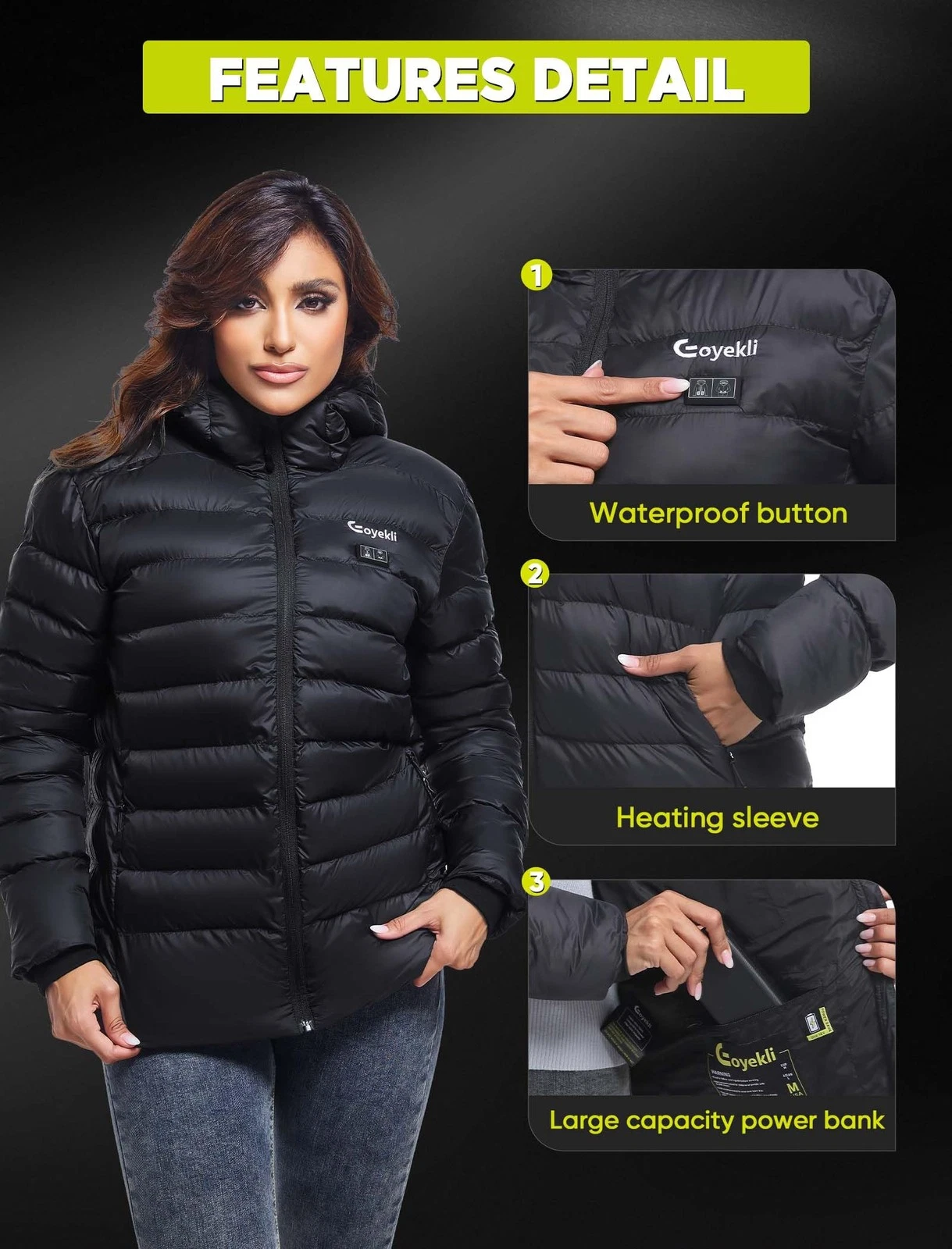 Heated Jacket for Women, Women's Jacket,12V 20000mAh Small, Black