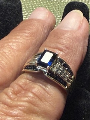 Beautiful  14k Yellow Gold Emerald-Cut Blue Sapphire Diamond Accents Band
