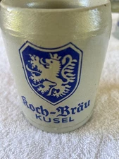 Vintage German Beer Stein - Lion Shield w/ Koch-Brau Kusel - Grey Blue 5" A