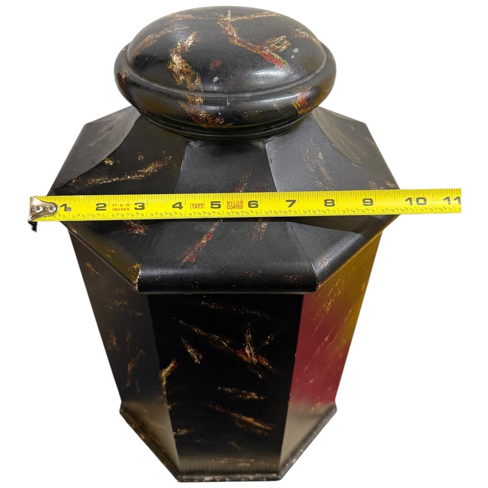 Vintage Octagonal Metal Tea Caddy Toleware Hand Painted Black Gold Tin ...