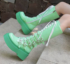 Women's Faux Leather Knee High Boots Platform Round Toe Buckle Roman Shoes Retro