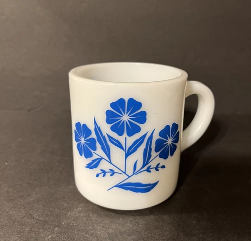 Vintage Hazel Atlas Milk Glass Blue Cornflower Coffee Mug Cup