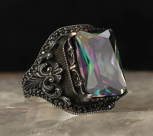 Mystic Topaz Sterling Silver Men's Ring: Turkish Handmade 925k Silver