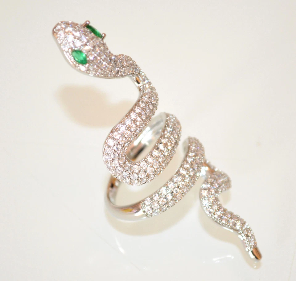 ANELLO SERPENTE donna argento strass cristalli verdi regolabile brillantini UD74 - Immagine 3 di 3