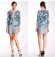 BCBG Maxazria AVILA Women Paisley Mini Shift Dress Tunic Turquoise Cutout Neck M
