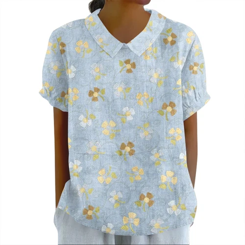 Damen Puppenkragen Hemd Baumwolle Leinen Blumenmuster Peter Pan Kragen Ärmel Shirts - Bild 32 von 56