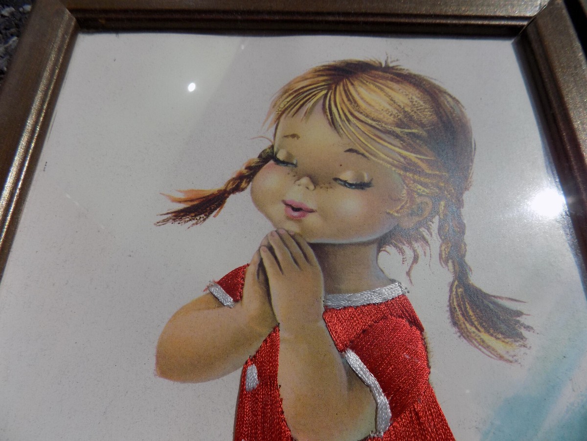 Vtg set CONSTANZA PRINT Embroidered Framed Pictures Boy Dog Girl