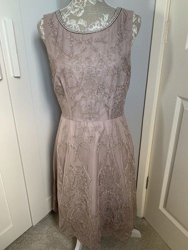 MONSOON BEAUTIFUL TAUPE LACE OVERLAY SLEEVELESS BEADED OCCASION DRESS SIZE 12