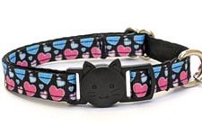 Hearts Cat Collar - Pink and Blue on Black Breakaway Collar With Bell - 3 Sizes