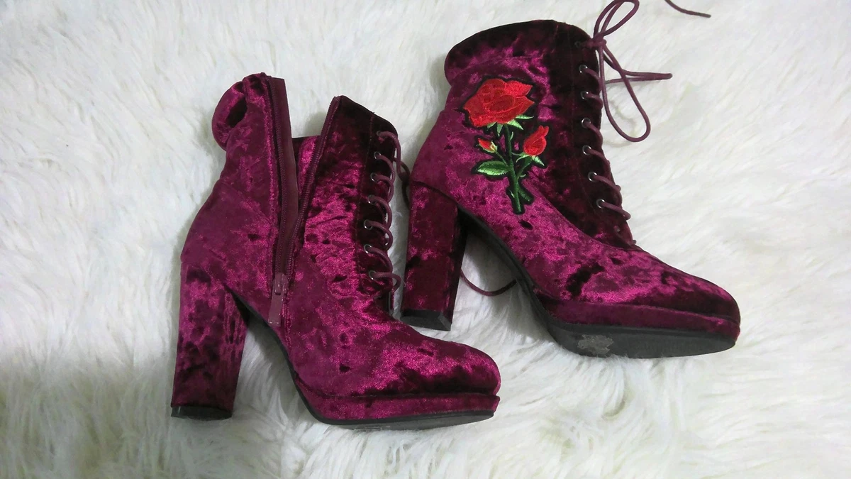 Nature Breeze Women s Burgundy Velvet Rose Detailed Heel Boots 8