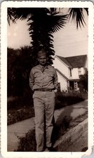 Vtg Found B W Photo WW2 US Army Soldier 1940s Uniform Palm Tree Home City Town