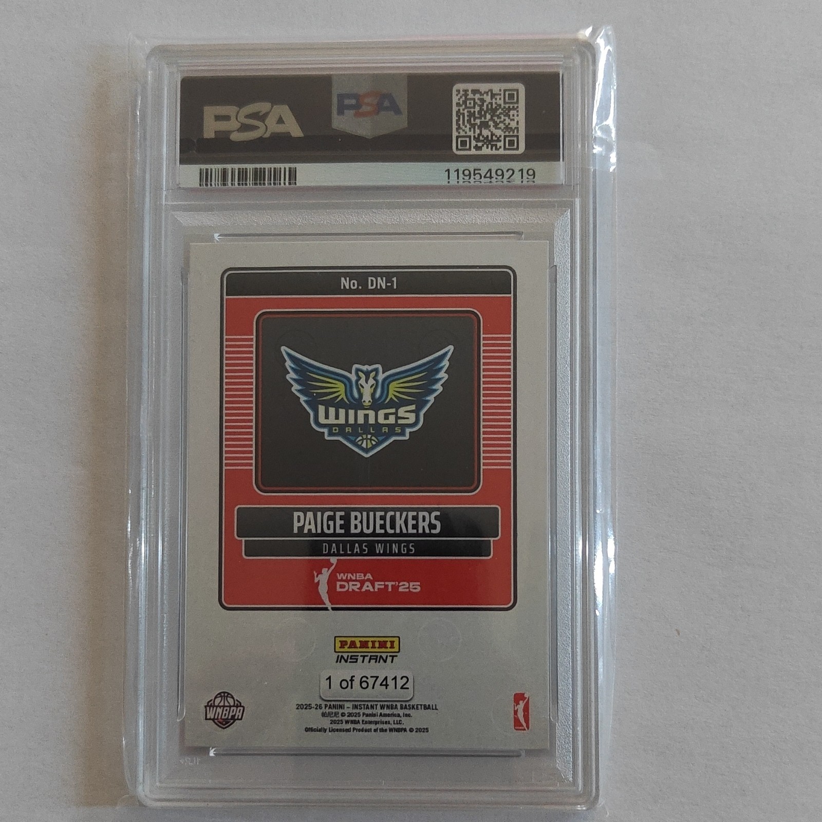 Panini 2025 Instant WNBA Paige Bueckers Draft Night #DN-1 Rookie PSA 9 Wings view 2