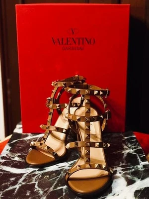 VALENTINO Rock Clous Talon Mules Sandales Chaussures Plates Femme Taille 36 Brun - Photo 1/2