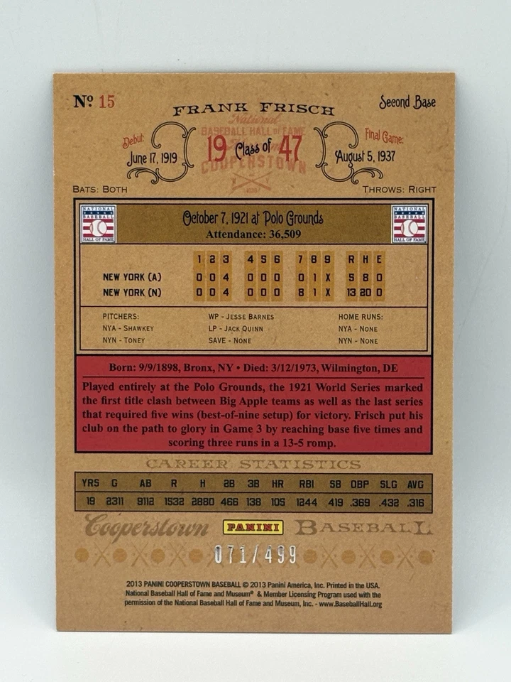 2013 FRANK FRISCH PANINI COOPERSTOWN #15 Blue Insert #71/499 CARD NEW YORK  - Image 2 of 2