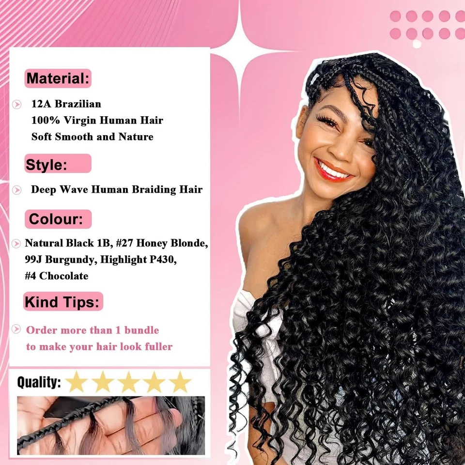 Boho Braids Human Hair Extensions 100g 18 Inch Deep Wave Bulk No Weft Bundles 12 - Image 3 of 3