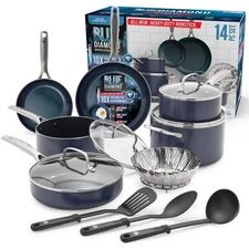 14 Piece Nonstick Cookware Set, Diamond Ceramic Pots & Pans, Dishwasher & Met...