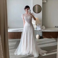 Short Sleeves Wedding Party Dress Tulle A-Line Beads Shoot Bridal Reception Gown