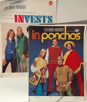2 Vintage Columbis Minerva Leaflets Crochet Vests Knit Poncho Patterns