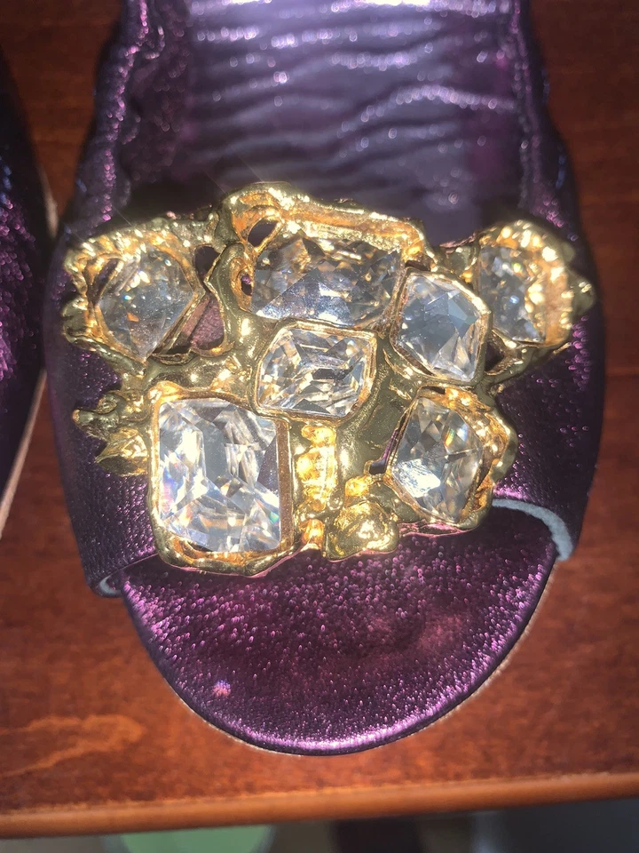 Zapatos planos de ballet MIU MIU Prada punta abierta gemas joyas púrpura metálico talla 38/8 Foto 3 de 4