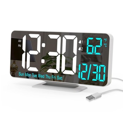 Digital LED Alarm Clock 6.7 Inch Date Day Temp Bedside Table White Desk