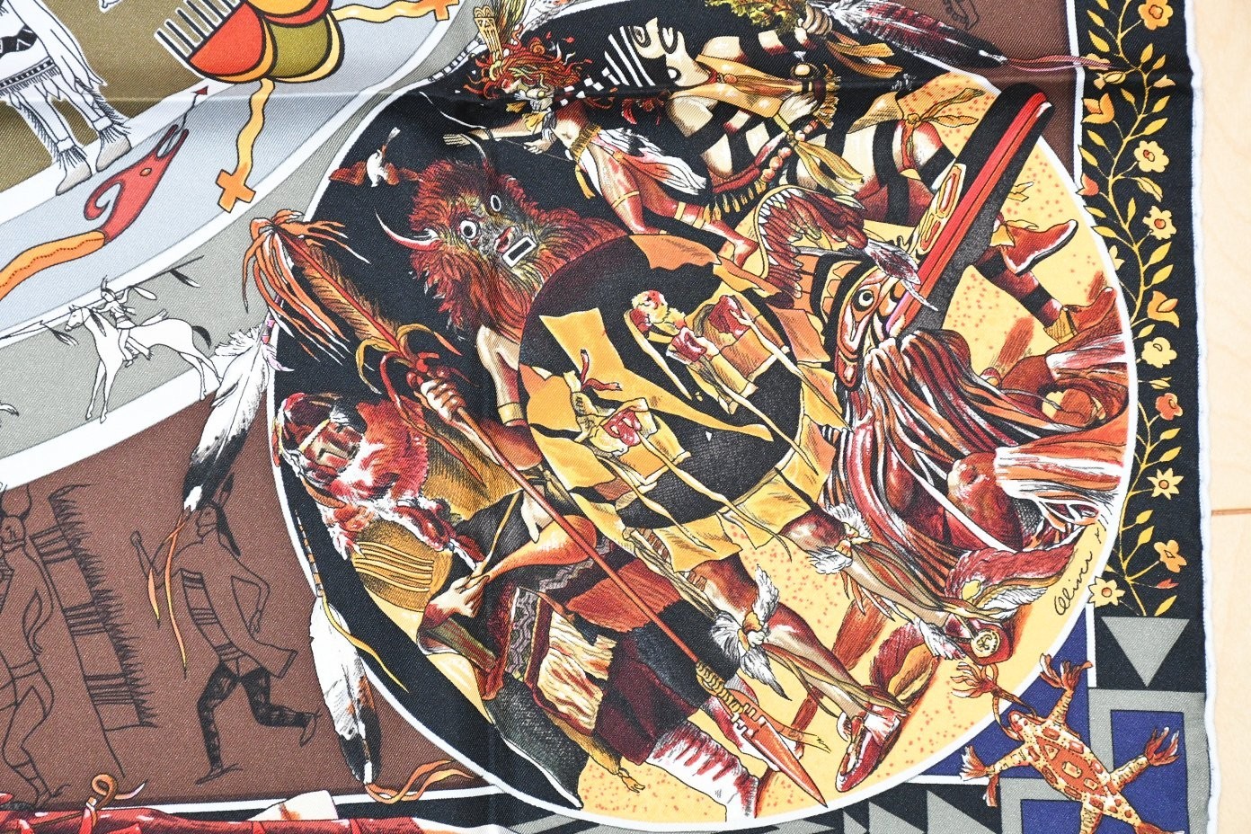 Hermes Scarf Les mythologies des hommes rouges 90 cm silk brown black Carre image 9