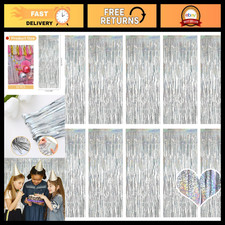 10 Pack Metallic Silver Backdrop Curtains 3.2ft x 8.2ft Tinsel Photo Booth Decor