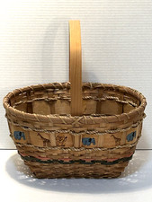 Vtg Unique Hand-woven Basket Whandle Featuring A Band Wpainted Safari Animals