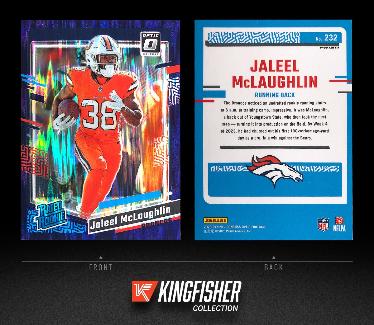 Jaleel McLaughlin 2023 Panini Donruss Optic Purple Shock Prizm Rated Rookie #232