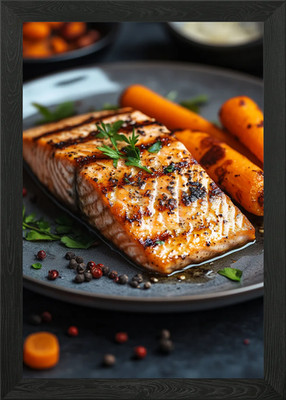 Gegrillter Lachs mit Karotten auf Platte gerahmtes Wandbild Poster Leinwanddruck Bild