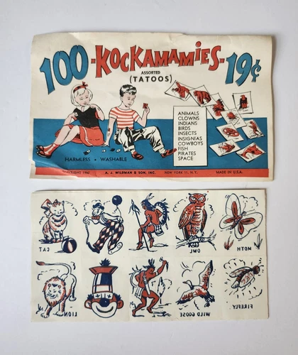 Vintage 1962 Washable Tattoo Sheet - Kockamamies - A.J. Wildman NY Temporary Art - product listing photo