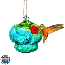 QFkris Blown Glass Hummingbird Feeder for Outdoors Hanging, Small Hummingbird