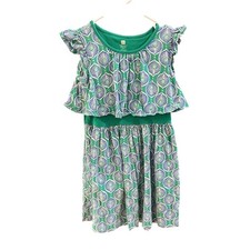 Tea Dress 100% Cotton Green Purple Ruffle Flutter Sleeve Round Neck Size 7 7A