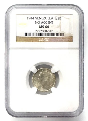 1944 Venezuela 1/2 Bolivar WITHOUT ACCENT SILVER COIN NGC GEM BU MS 64 🐉