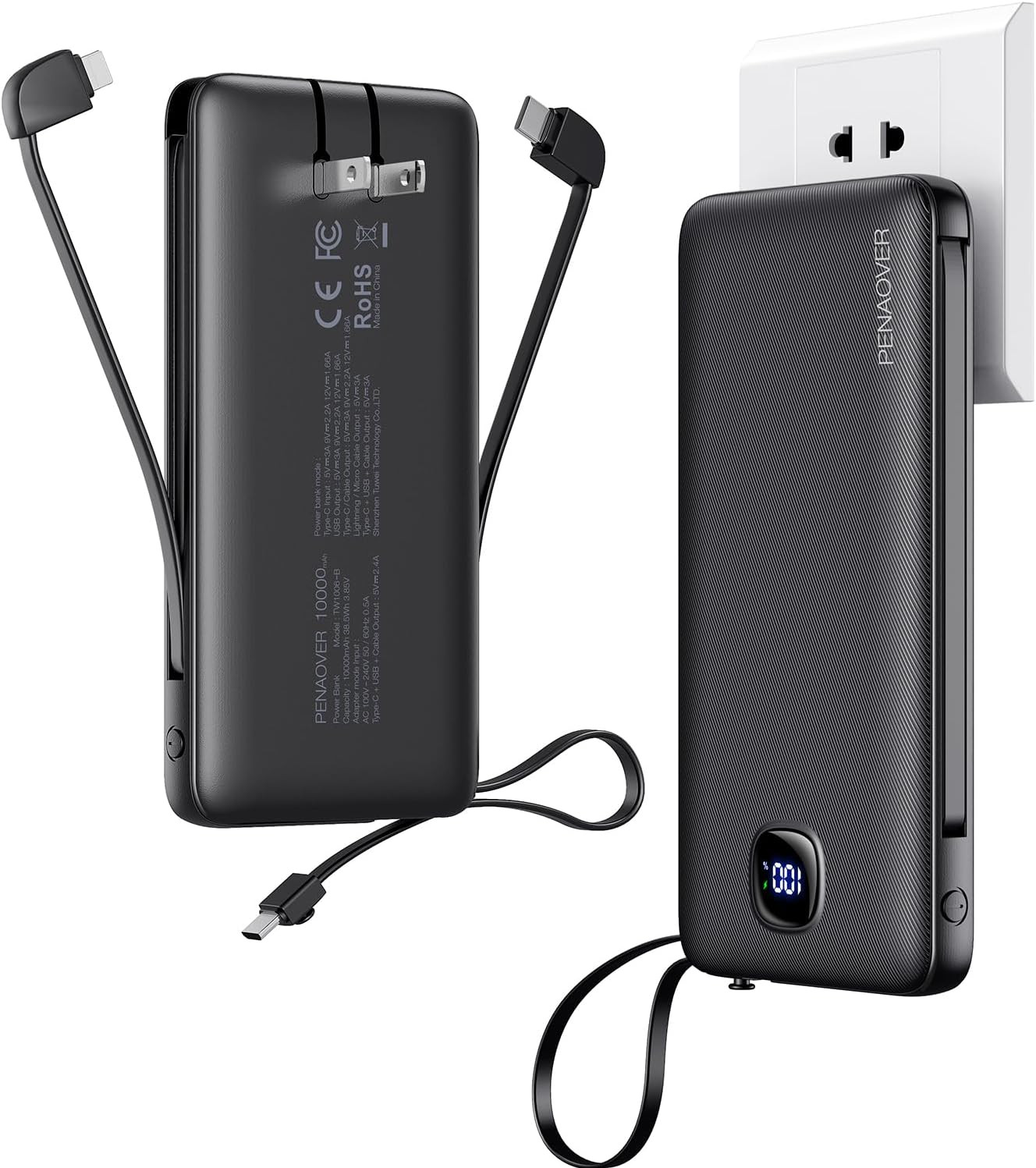 Portable Charger with Built-in Cables&AC Wall Plug,Slim 10000mAh, Black-image