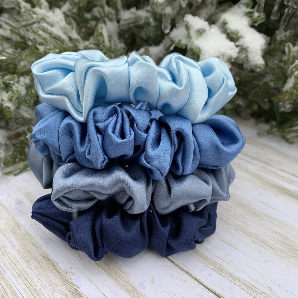 100% Pure Mulberry Silk Scrunchies Pack-4 Organic Silk Skinny Hair Ties Handmade - Image 3 of 4
