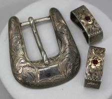 McCabe EARLY Vintage MCS Sterling Silver & Ruby Engraved Ranger Belt Buckle Set