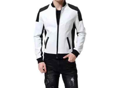 Stylish Black & White  Motorcycle Handmade Men's Genuine Lambskin Leather Jacket