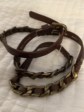 Fossil Belt 40" Size M Narrow Leather Antique Gold Metal Chain  Woven Brown