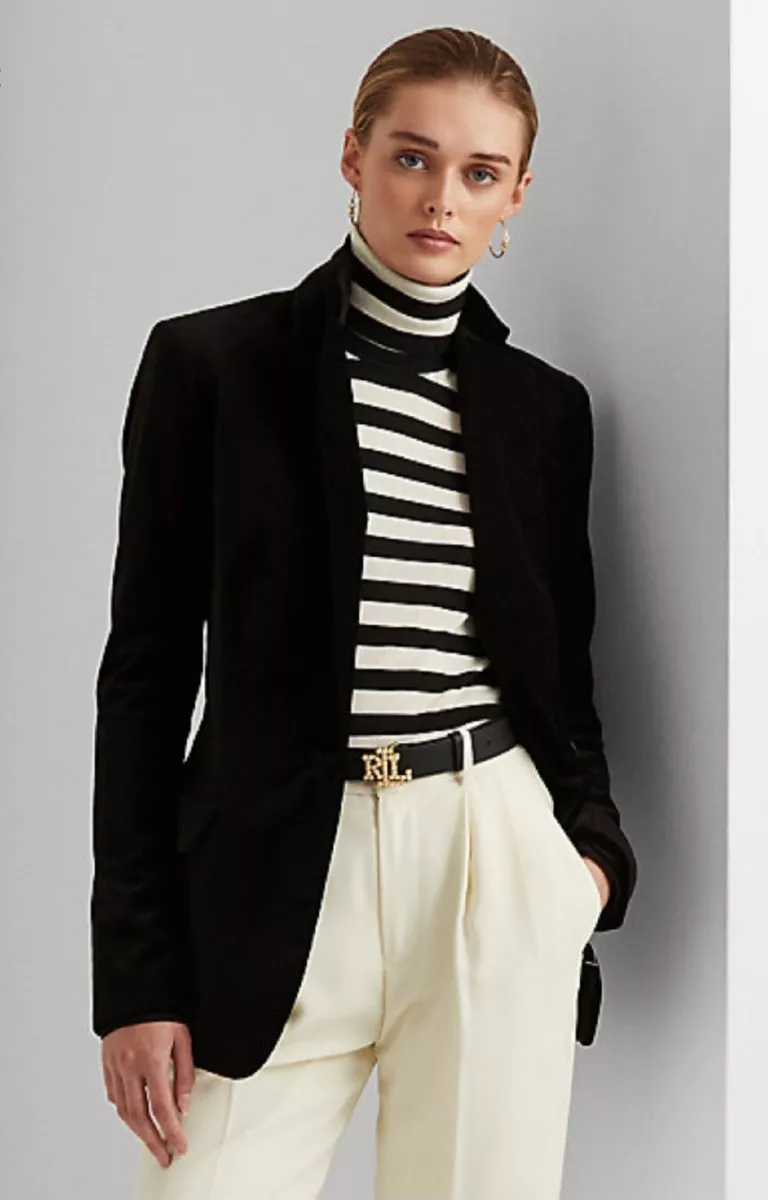 Ralph Lauren Black Velvet Blazer Women s Stretch Cotton One Button