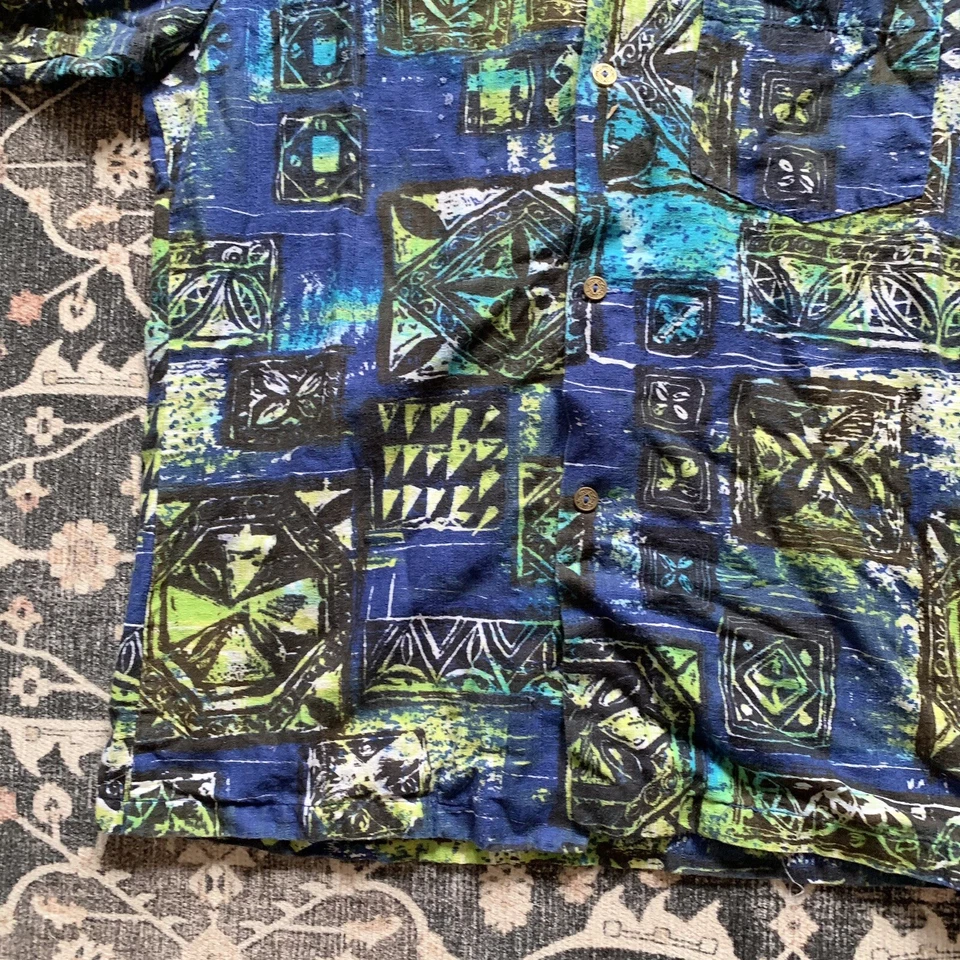 Camisa Hawaiana De Colección Moda de Hawaii Vibrante Azul Verde Metal Botones Pequeña Foto 2 de 4