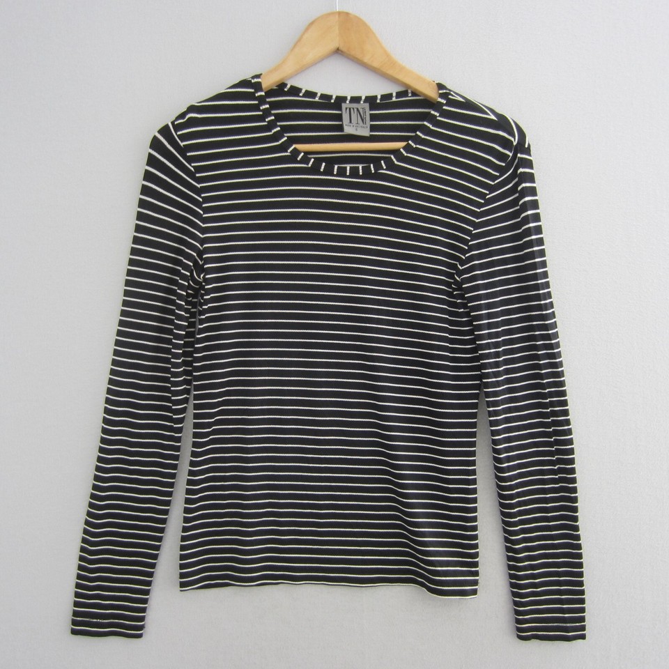 Trent Nathan Top Womens Small 10 Black White Striped Tee Shirt Stretch T-Shirt