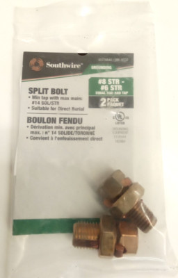 Southwire 65178840 Grounding Copper Alloy Split Bolt #8-#6 STR Equal Run&Tap 2pk