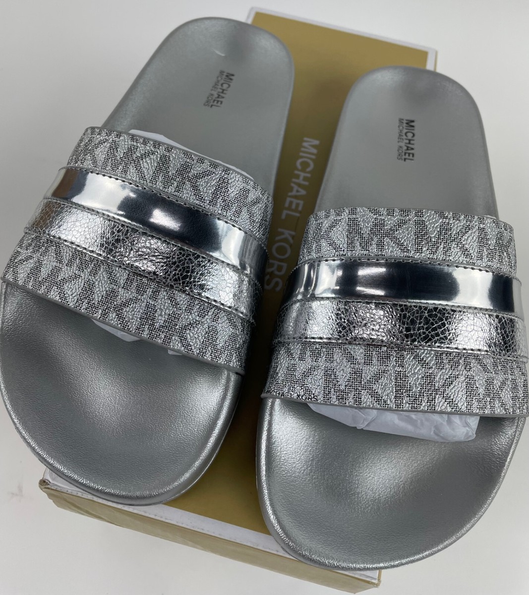 Michael Kors Brandy Metallic MK Sig SM Striped Logo Slide Sandal - Silver -  New | eBay UK