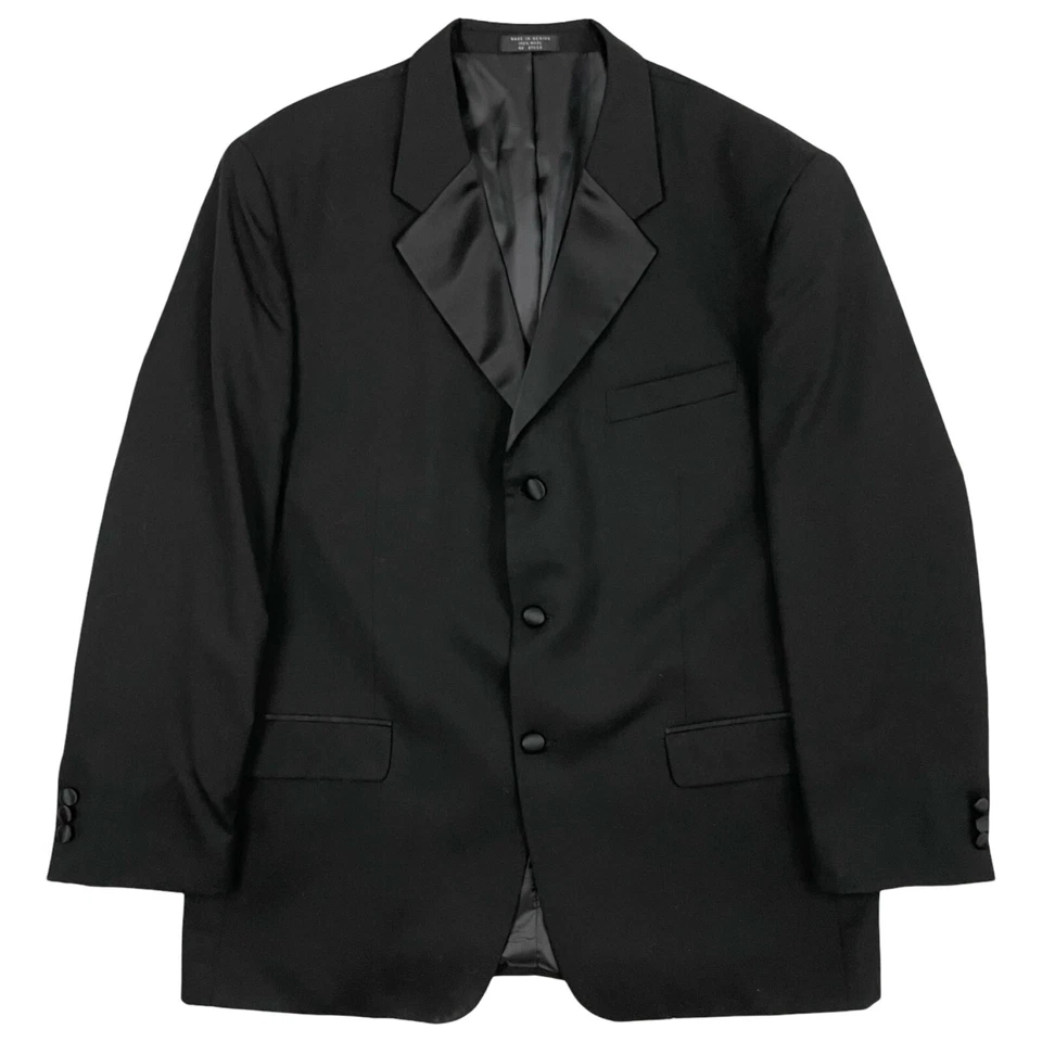 复古男式燕尾服套装 44R 码西装外套 38x32 裤子 1990 年代黑色斜纹羊毛 — 第 2/4 张图片