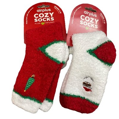 AirPlus Fuzzy Sock Aloe Infused Ultra Comfort 2 Pk Christmas White Santa Red