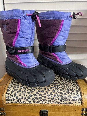 SOREL LITTLE GIRL SZ 3 SNOW BOOTS, DRAWSTRING CLOSURE, PURPLES, SUPER NICE CLEAN