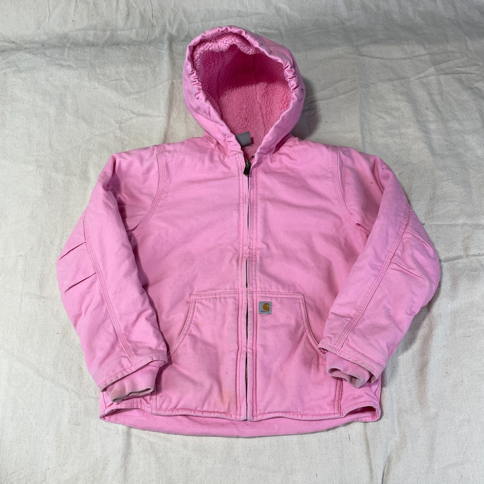 Carhartt Hooded Work Jacket Girls Medium M 10-12 Pink Sherpa Canvas Full Zip USA