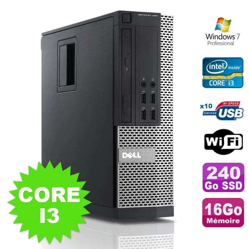 PC Dell Optiplex 990 SFF I3-2120 3.3GHz 16Go Disque 240Go SSD DVD Wifi W7 - Photo 1/4